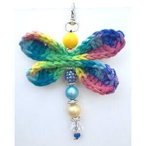 Handmade Dragonfly Beaded Bag Charm Crochet Wings Colorful Purse Keychain NEW